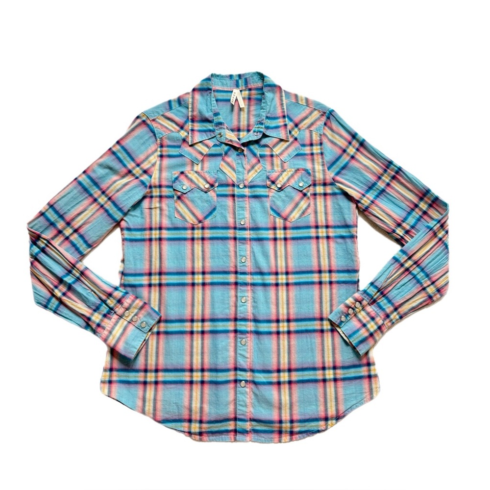 Roper Western Blue Pink Plaid Pearl Snap Button Shirt L
